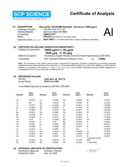 Primeira página: Certificado de análise, lote S260331072
