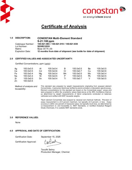 Primeira página: Certificado de análise, lote S250912018