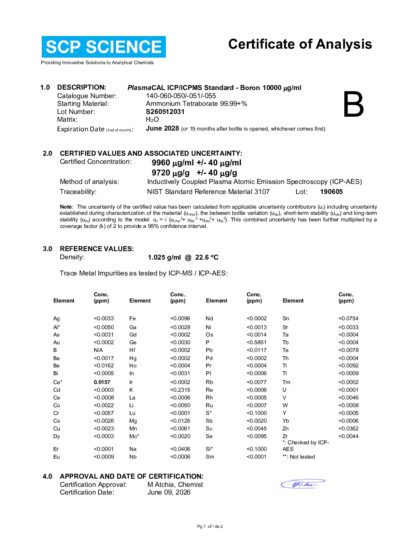 Primeira página: Certificado de análise, lote S260512031