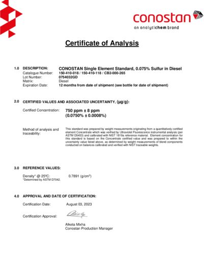 Primeira página: Certificado de análise, lote 0754032GD