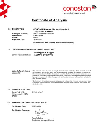 Primeira página: Certificado de análise, lote S260721013