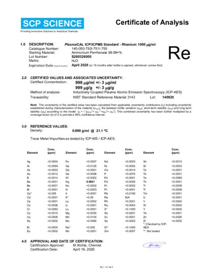 Primeira página: Certificado de análise, lote S260326005