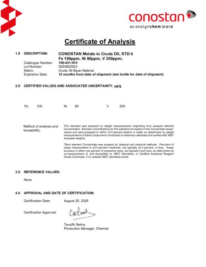 Primeira página: Certificado de análise, lote S250820023