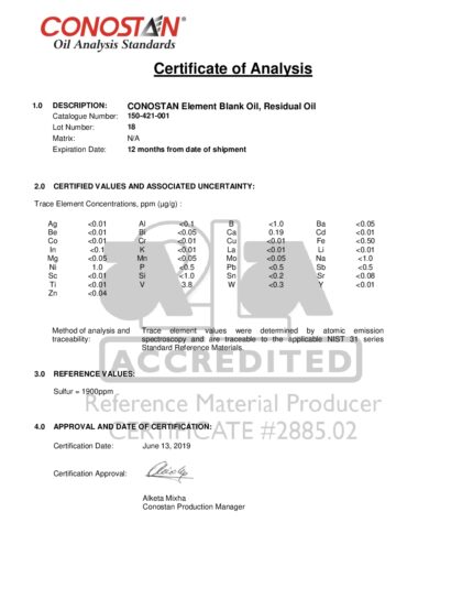 Primeira página: Certificado de análise, lote 18