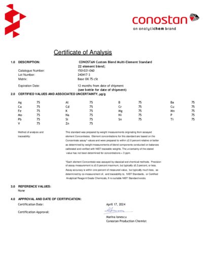 Primeira página: Certificado de análise, lote 240417-3