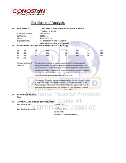 Primeira página: Certificado de análise, lote 200604-3