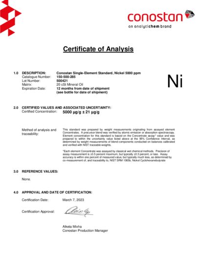 Primeira página: Certificado de análise, lote 500421