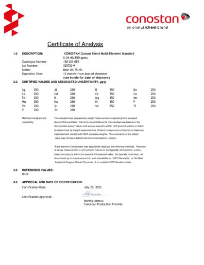 Primeira página: Certificado de análise, lote 230720-9
