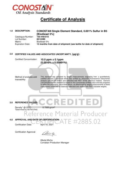 Primeira página: Certificado de análise, lote 00122B5