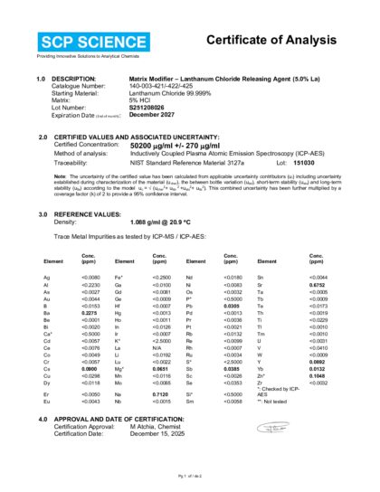Primeira página: Certificado de análise, lote S251208026