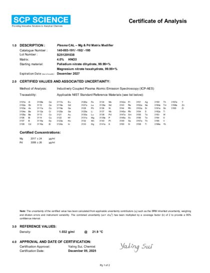 Primeira página: Certificado de análise, lote S251201038