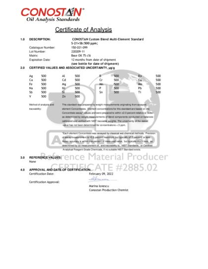 Primeira página: Certificado de análise, lote 220209-11