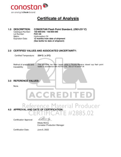 Primeira página: Certificado de análise, lote F231-04