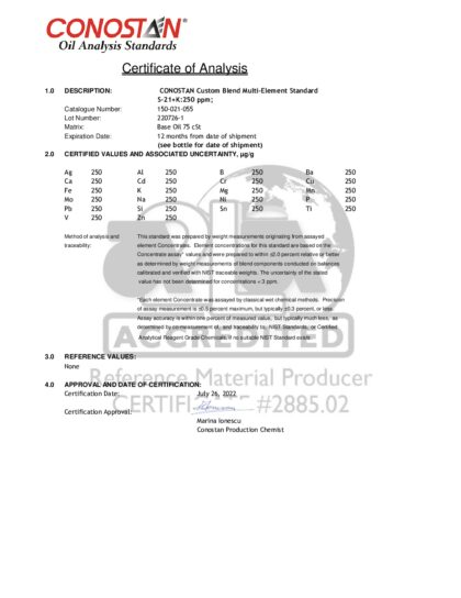Primeira página: Certificado de análise, lote 220726-1