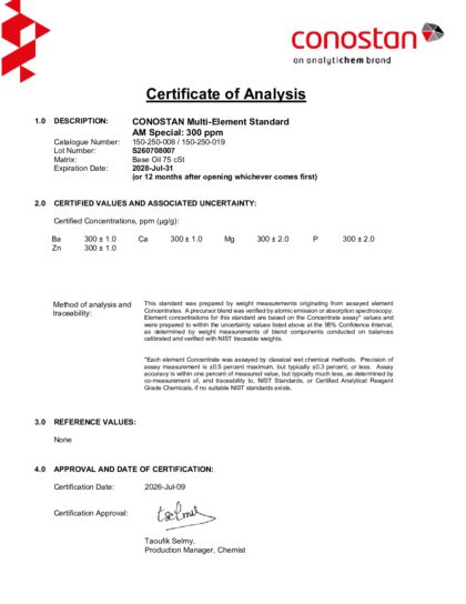 Primeira página: Certificado de análise, lote S260708007