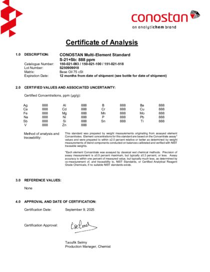 Primeira página: Certificado de análise, lote S250909018