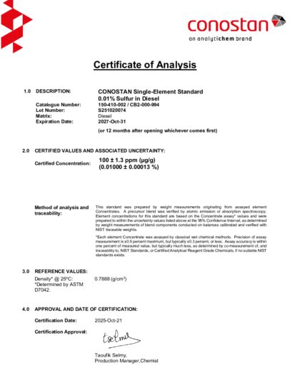 Primeira página: Certificado de análise, lote S251020074
