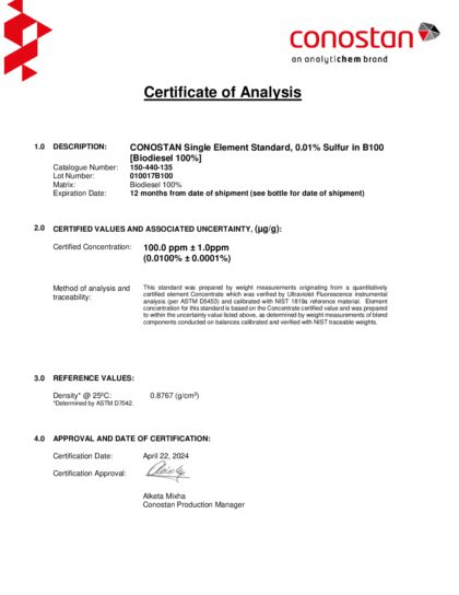 Primeira página: Certificado de análise, lote 010017B100