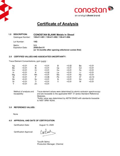 Primeira página: Certificado de análise, lote 15G