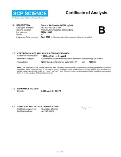 Primeira página: Certificado de análise, lote S260415046