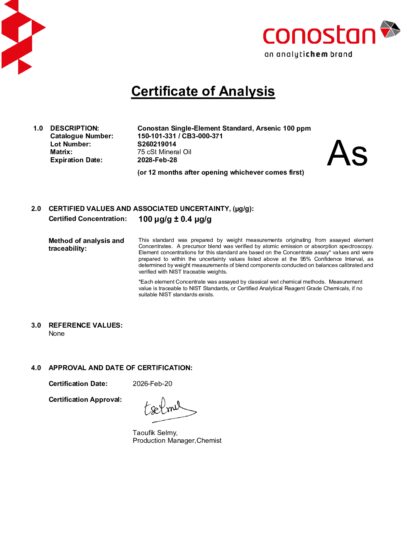 Primeira página: Certificado de análise, lote S260219014