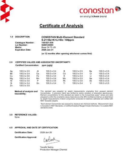 Primeira página: Certificado de análise, lote S260126003