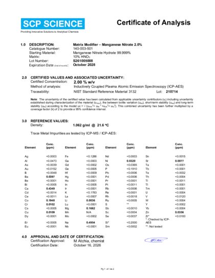Primeira página: Certificado de análise, lote S261005008