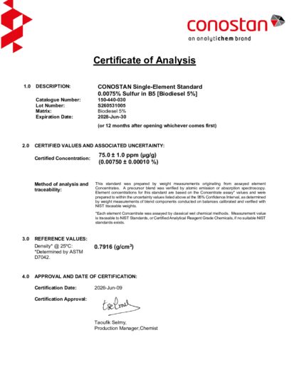 Primeira página: Certificado de análise, lote S260531005