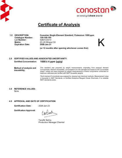 Primeira página: Certificado de análise, lote S260123010
