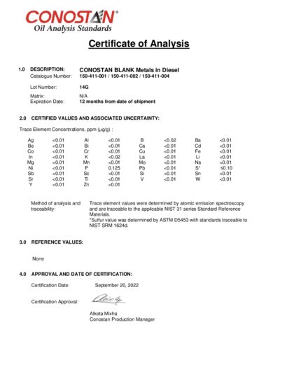 Primeira página: Certificado de análise, lote 14G
