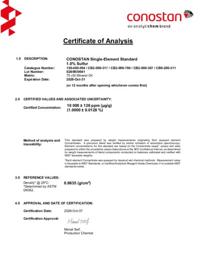 Primeira página: Certificado de análise, lote S260930041
