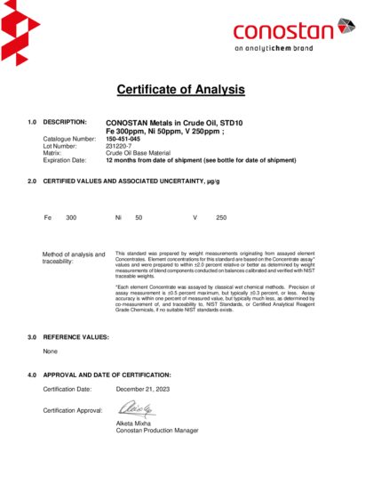 Primeira página: Certificado de análise, lote 231220-7