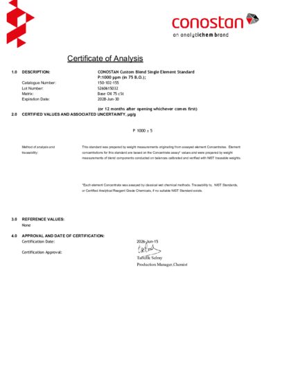 Primeira página: Certificado de análise, lote S260615032