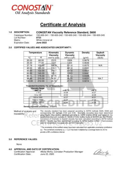 Primeira página: Certificado de análise, lote 0723