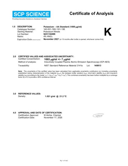 Primeira página: Certificado de análise, lote S251104009