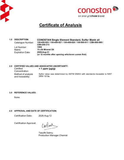 Primeira página: Certificado de análise, lote 106S