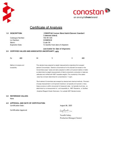 Primeira página: Certificado de análise, lote S250805028