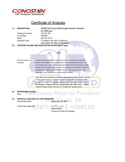 Primeira página: Certificado de análise, lote 200928-1