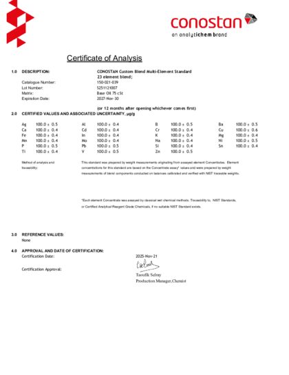 Primeira página: Certificado de análise, lote S251121007