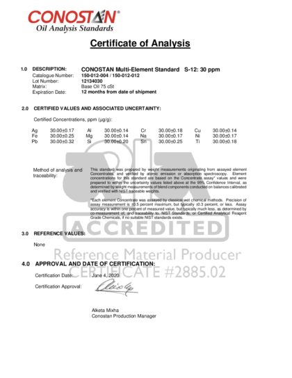 Primeira página: Certificado de análise, lote 12134030