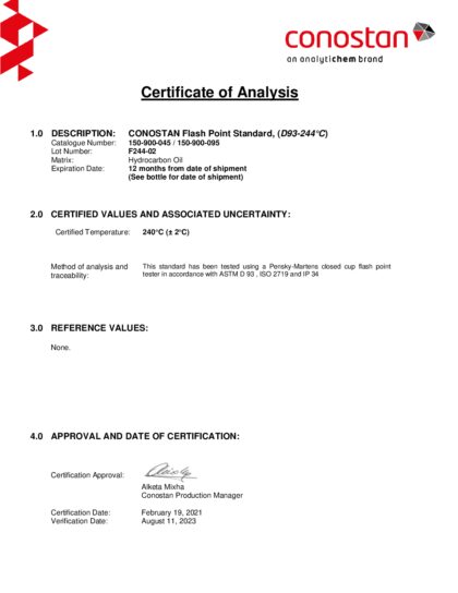 Primeira página: Certificado de análise, lote F244-02