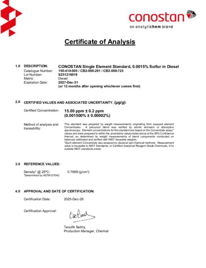 Primeira página: Certificado de análise, lote S251216019