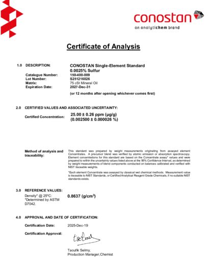 Primeira página: Certificado de análise, lote S251216026