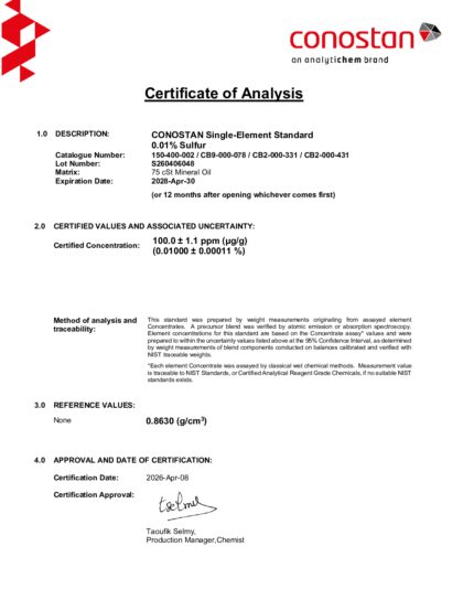 Primeira página: Certificado de análise, lote S260406048