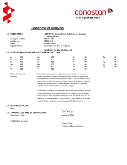 Primeira página: Certificado de análise, lote S250814018