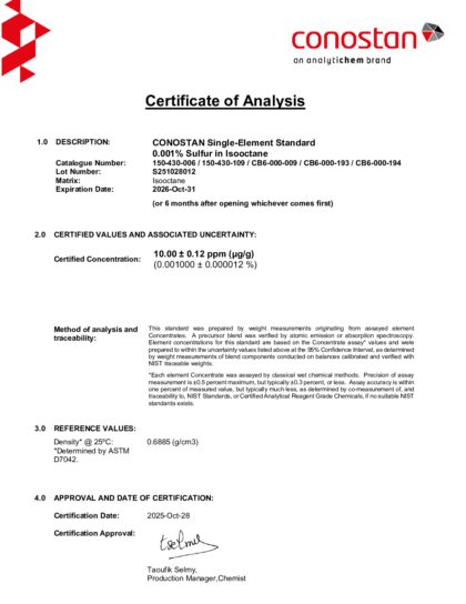Primeira página: Certificado de análise, lote S251028012