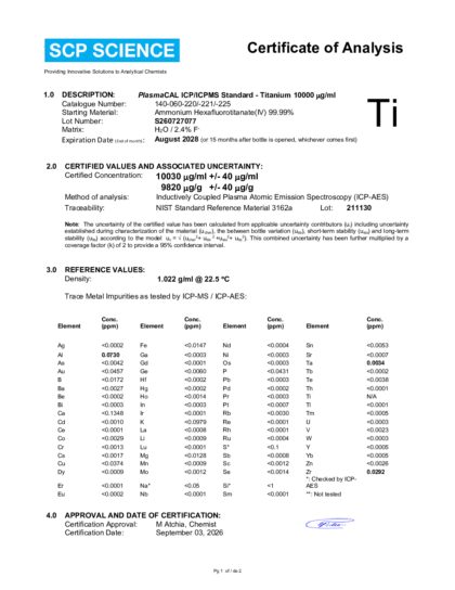 Primeira página: Certificado de análise, lote S260727077