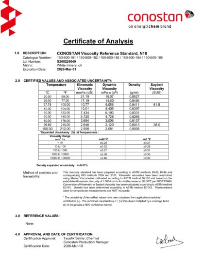 Primeira página: Certificado de análise, lote S260226049