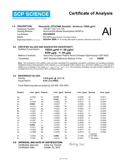 Primeira página: Certificado de análise, lote S261006038