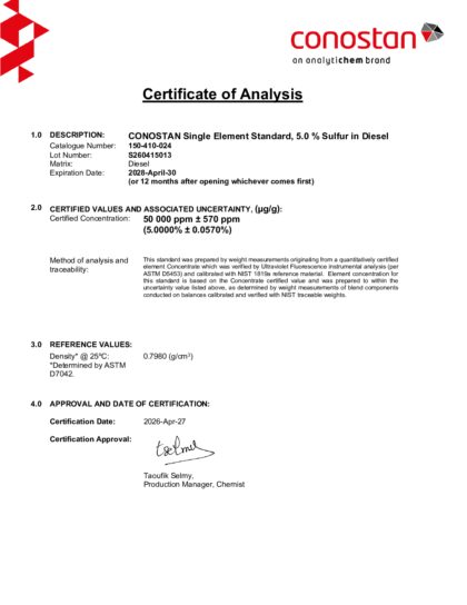 Primeira página: Certificado de análise, lote S260415013